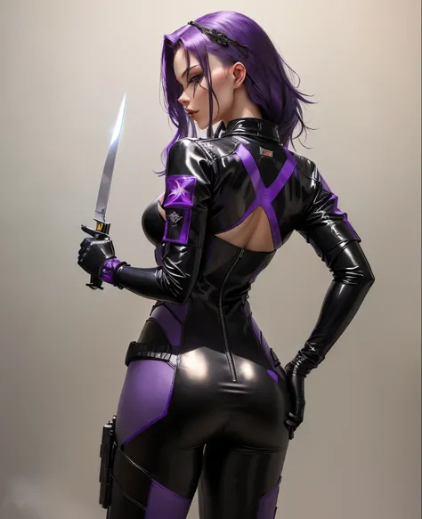 girl, 26 years old, sexy, purple hair, mercenary, black latex clothes, holding a knife in her hand, mercenary of the dark empire, with her back turned.