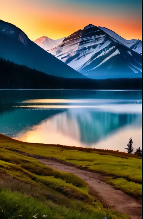 arafed mountain with a lake and a mountain in the background, a matte painting by Andrew Geddes, pexels contest winner, fine art, banff national park, scenic mountain setting, mountain sunrise, an amazing landscape image, icy lake setting, lakeside mountai...