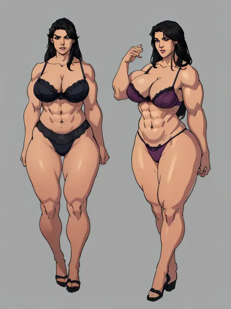 ((masterpiece)),(((best quality))),((character design sheet)), oc render, Multiple poses and expressions, same person, ((full body view)) illustration,1girl, thick thighs, ((lingerie:1.2)), modern style, black hair, ((detailed face:1.4)) beautiful tween gi...