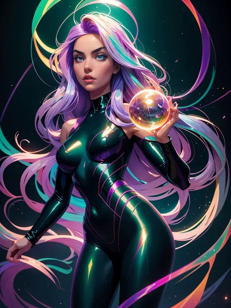 Masterpiece, best quality, 1girl, with long flowing iridescent hair in shades of purple, blue, and green, wearing a sleek black bodysuit, standing in a dramatic pose with one hand on her hip and the other holding a glowing, magical crystal ball. In the bac...