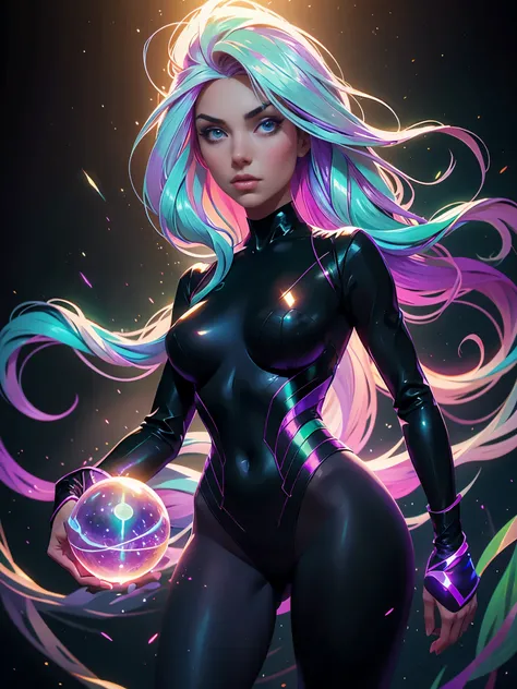 Masterpiece, best quality, 1girl, with long flowing iridescent hair in shades of purple, blue, and green, wearing a sleek black bodysuit, standing in a dramatic pose with one hand on her hip and the other holding a glowing, magical crystal ball. In the bac...