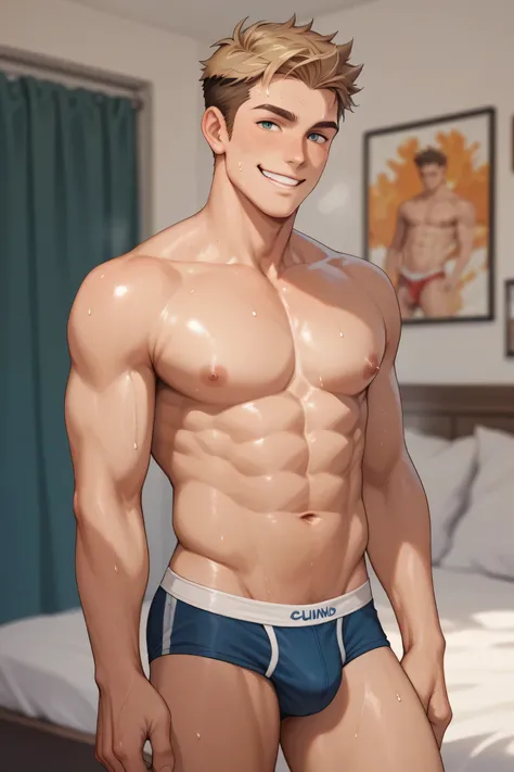 A men doing a dynamic sexy pose, shirtless, male body, wearing underwear, showing his crotch 
Smiling, showing off his shape, sweating,