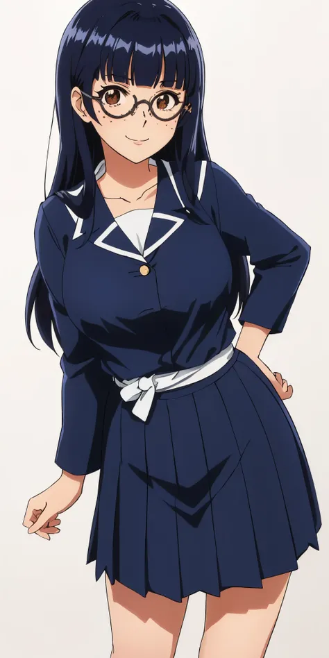 Young woman drawn in 80’s anime art style. 
Retro anime. Vintage Anime. Classical Anime. 
Black Blue HAIR
Pompadour Hair
(Round Glasses)
(Round and Circle eyes)
(Light Brown eyes)
(Medium Sized Eyebrows)
(Freckles on Cheek)
(Light Tan Woman)
(Medium Breast...