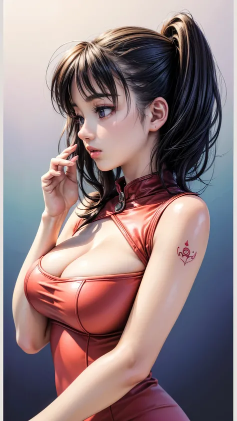 (best quality,4k,8k,highres,masterpiece:1.2),ultra-detailed,(realistic,photorealistic,photo-realistic:1.37),side view, beautiful woman, full body tattoo, perfect body, big breasts, anime style, simple lines, skinny, elegant, mysterious expression, warm lig...