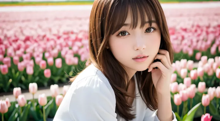 Professional, EF16-35mm f/2.8L III, high definition, 4K, photo quality, realistic, soft light source, Japanese, one pretty girl, 20 yrs old, brown eyes, parted bangs, brown hair, medium hair, close-up on upper body & subject, no text.

Location: Fukaya, Sa...