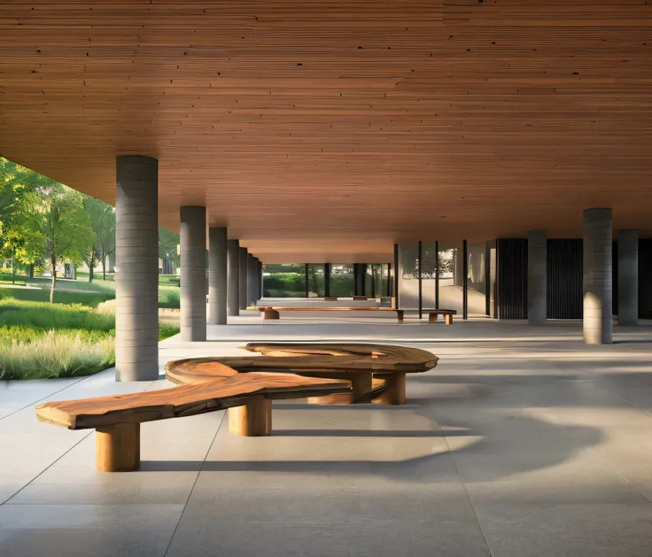 there are two benches sitting on the concrete floor of a building, highly photographic render, very realistic render, low angle dimetric rendering, inspired by David Chipperfield, natural realistic render, architectural render, architectural rendering, hig...