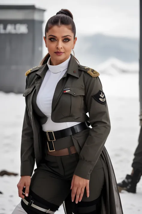 Full body photo of 50YO MATURE MILF AISHWARYA RAI as SEXY ARMY MILF SOLDIER, WEARING (((WHITE ARMY UNIFORM))), ((((DARK SMOKY EYE MAKEUP AND FALSE EYELASHES)))), COMBAT BOOTS, COMBAT GLOVES, KNEEPADS, CAMO PLATE CARRIER RIG, (((UNBUTTONED OPEN SHIRT EXPOSI...