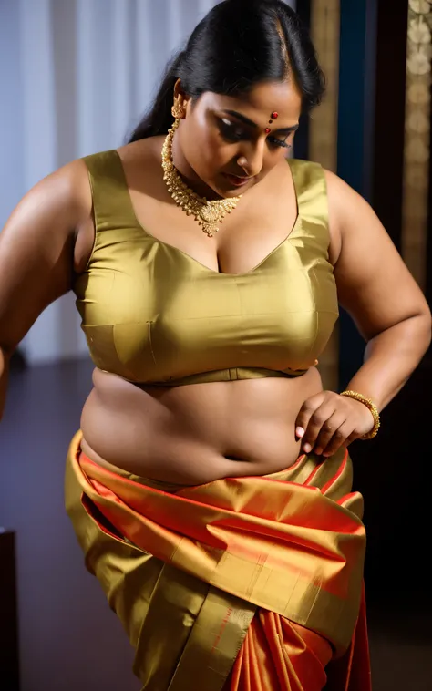 Foto RAW, photorealistic, photography, full body shot, master shot, goddess like beauty, perfect thick chubby mallu Desi aunty bhabhi, Wearing a Stanapatta, a chest-band.Saree model, model Photography, Indian saree shoot, Indian traditional wear advertisin...