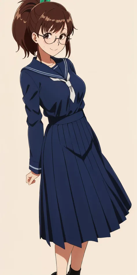 Young woman drawn in 80’s anime art style. 
Retro anime. Vintage Anime. Classical Anime. 
Black Dark Brown HAIR
Pompadour Hair
(Round Glasses)
(Round and Circle eyes)
(Light Brown eyes)
(Medium Sized Eyebrows)
(Freckles on Cheek)
(Light Tan Woman)
(Medium ...