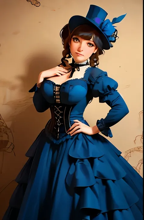 a woman in a blue dress and hat posing for a picture, victorian blue dress, victorian style costume, costume with blue accents, intricate victorian dress, in detailed steampunk dress, dress in the style of rococo, victorian dress, victorian inspired clothi...