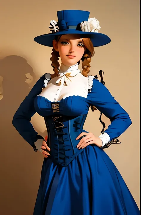 a woman in a blue dress and hat posing for a picture, victorian blue dress, victorian style costume, costume with blue accents, intricate victorian dress, in detailed steampunk dress, dress in the style of rococo, victorian dress, victorian inspired clothi...