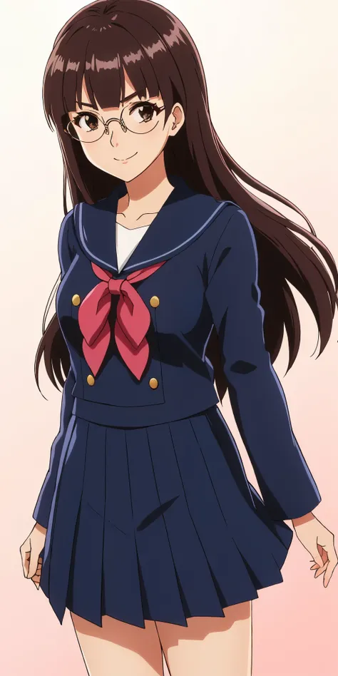 Young woman drawn in 80’s anime art style. 
Retro anime. Vintage Anime. Classical Anime. 
Black Dark Brown HAIR
Absurdly Long Hair
(Round Glasses)
(Round and Circle eyes)
(Light Brown eyes)
(Medium Sized Eyebrows)
(Freckles on Cheek)
(Light Tan Woman)
(Med...