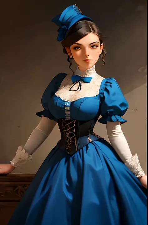 a woman in a blue dress and hat posing for a picture, an album cover inspired by Franz Xaver Winterhalter, tumblr, rococo, victorian blue dress, victorian style costume, costume with blue accents, intricate victorian dress, in detailed steampunk dress, dre...