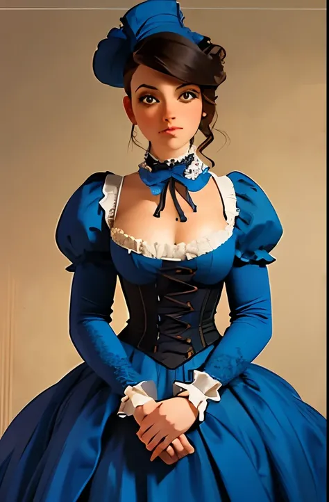 a woman in a blue dress and hat posing for a picture, an album cover inspired by Franz Xaver Winterhalter, tumblr, rococo, victorian blue dress, victorian style costume, costume with blue accents, intricate victorian dress, in detailed steampunk dress, dre...