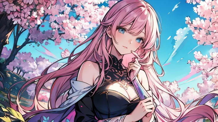  detailed anime style ,  Beautiful and impressive artwork, Bright shadows,  strong colors, Pastel cotton candy , a beautiful woman,  pink hair, Blue eyes, Beautiful landscapes, cherry leaves,  linear and detailed illustration 
