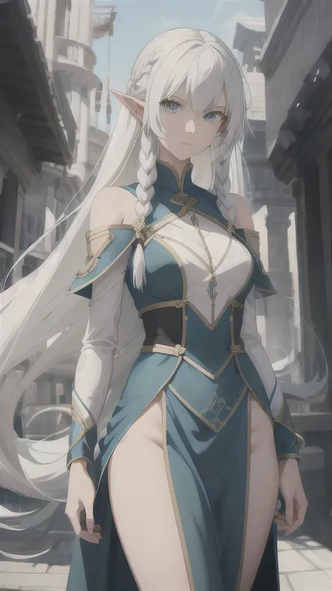 Create an anime image of Lyra Elanor Ananfel, a tall, slender Light Elf archer with a height of 191 cm. She has long, white hair styled in elegant twists and braids, and striking blue eyes. Her pale skin has a soft, ethereal glow. She wears a tailored blue...