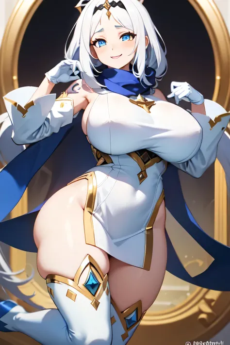 Paimon_Genshin Impact, white dress, white hair, blue eyes,masterpiece, best quality,(gigantic breasts: 1,9), tight outfit, look at viewer, smile ,big feet, black scarf,white thigh high socks,white gloves,long sleeve socks,Blue tattoo on forehead







