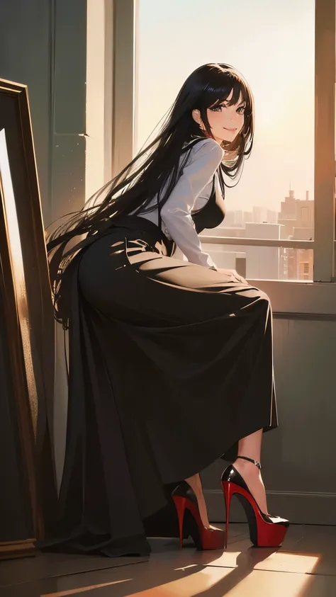 ((masterpiece, high resolution, better quality, better details)), ((Smiling)), ((one girl)) a girl sitting in the office, full body, maxi skirt, long skirt, ((long skirt without openings)),((louboutin high heels)), green eyes , ((black hair, long hair)), s...