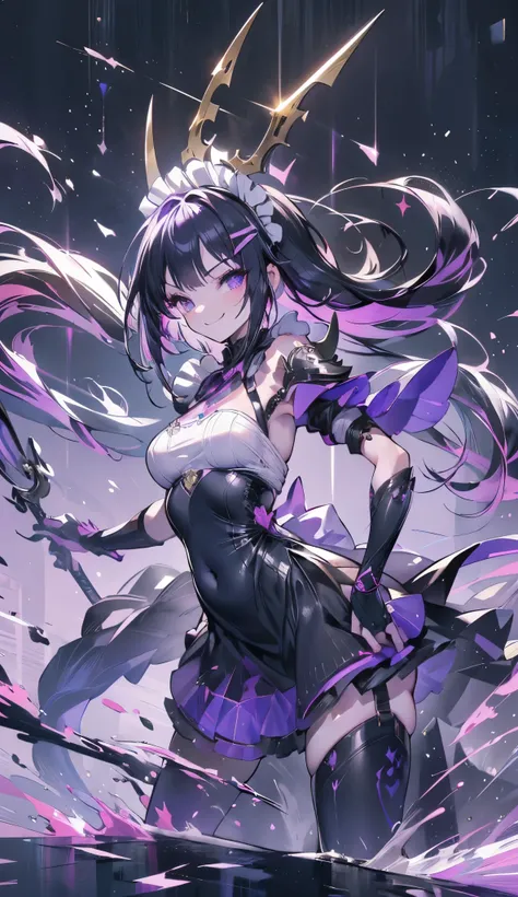 masterpiece, best quality, 1girl, neon purple eyes, long hair, fringe, Long chop, maid headdress,  but you wear armour style, Broom sickle , attack pose, random pose,  Magic Cavaleira Maid , ((( Squeeze of evil,  smile of a messy person ))), whole body,  p...