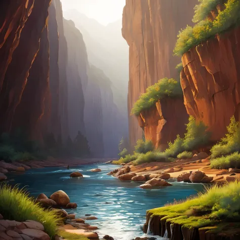 painting of a canyon with a stream running through it, mysterious canyon streams, by Richard Sedlon, canyon, steve henderson and mark brooks, steve henderson, by John J Park, by Scott Gustafson, chris moore”, by Jerry Weiss, by Michael James Smith, inspire...