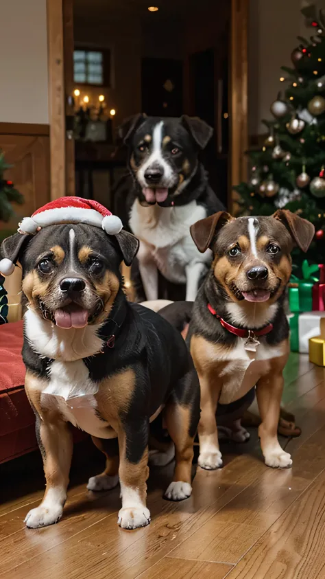 8K,  A number of dogs dressed in Christmas clothes,  the dogs are inside a house ,  the dogs are at a Christmas dinner , There are dogs of many breeds ,  none of the dogs are the same as the other , in High Resolution. 