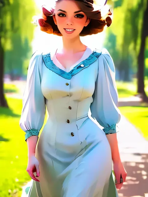 best quality, masterpiece, realistic photo, intricate details, raw photo, ultra detailed, old fashioned young woman, with peasant style dress, no necklines, brunette hair, perfect detailed and brown eyes, walking in an old park, HD quality, 8K, young woman...