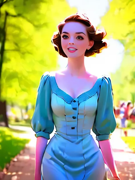 best quality, masterpiece, realistic photo, intricate details, raw photo, ultra detailed, old fashioned young woman, with peasant style dress, no necklines, brunette hair, perfect detailed and brown eyes, walking in an old park, HD quality, 8K, young woman...