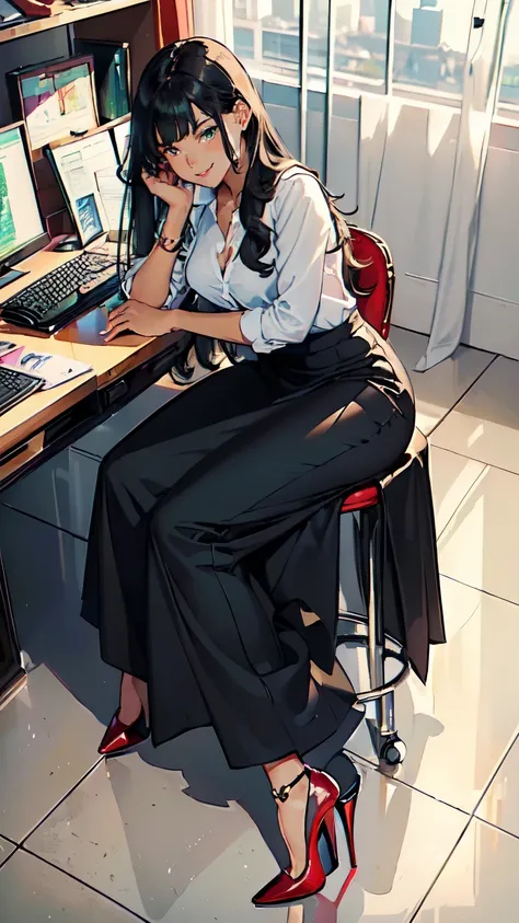 ((masterpiece, high resolution, better quality, better details)), ((Smiling)), ((one girl)) a girl sitting in the office, full body, maxi skirt, long skirt, ((long skirt without openings)),((louboutin high heels)), green eyes , ((black hair, long hair)), s...