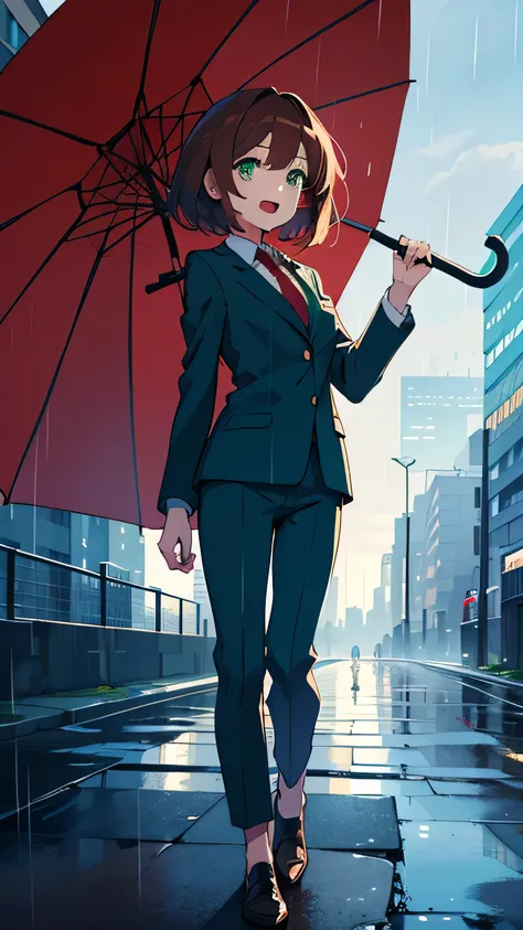  1 girl ,  high definition , solo,  shortcuts,  open her mouth ,  smiles, Reddish brown hair, suit,umbrella,rain,Cityscape,Looking up, emerald green eyes,whole body,whole, animated illustration , character design ,