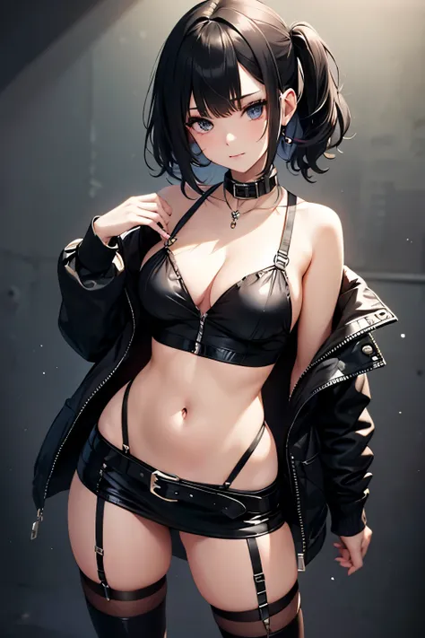 style anime a beautiful gothic woman,desdém bored face, smudged black makeup , collar ,  black t-shirt with a large neckline , open black  jacket punk , belly button piercing, with several belts, punk style, plaid mini skirt plissada , very short mini skir...