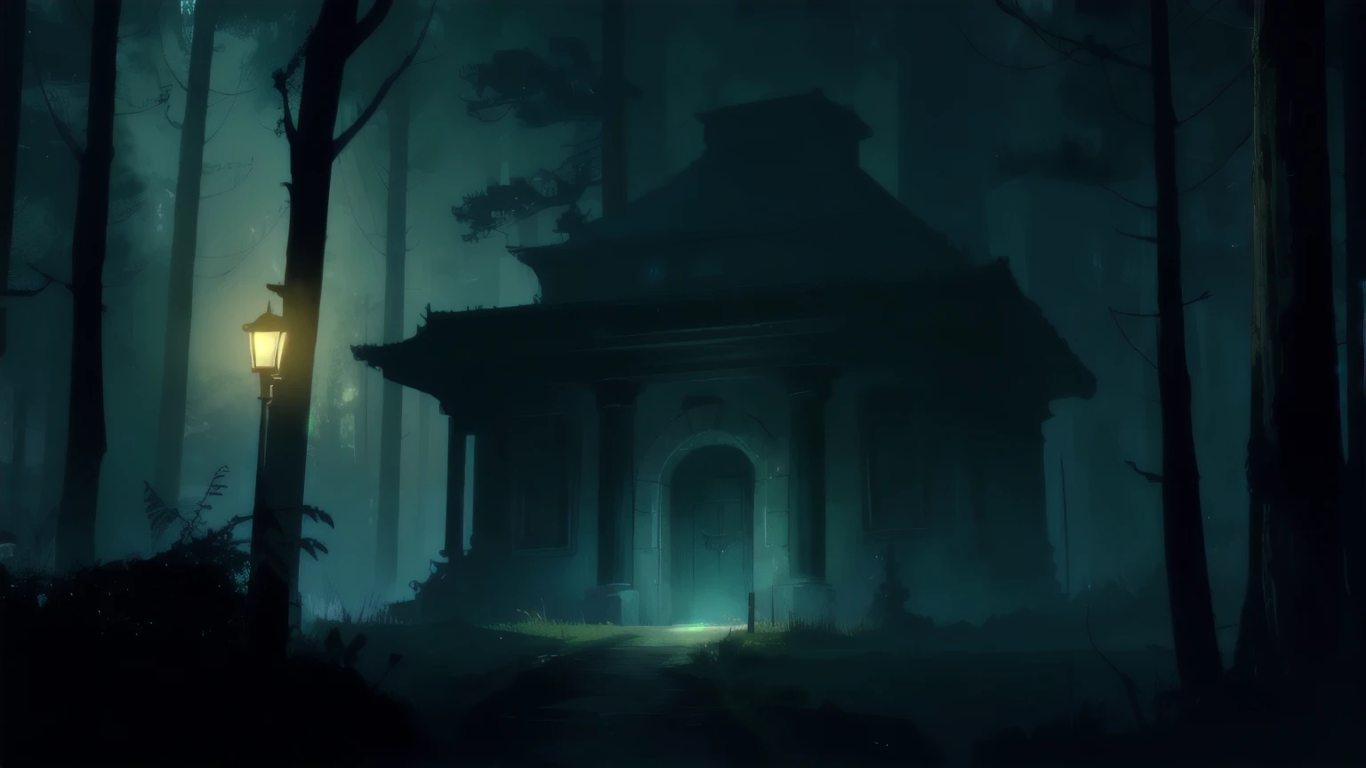 Night,  nasty atmosphere, horror, fog, the forest, musoleum, cellar
