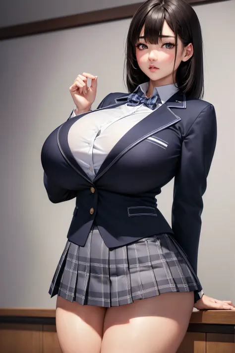 (ultra-detailed),( Japanese girl ,Age 15),( school uniform, navy blue blazer, white shirt, gray plaid pleated skirt,Black knee high socks ),(Brown eyes, brown eyes, sad face),( very big breasts:1.4),( big thighs :1.3),( black hair, bob hair),(classroom), C...