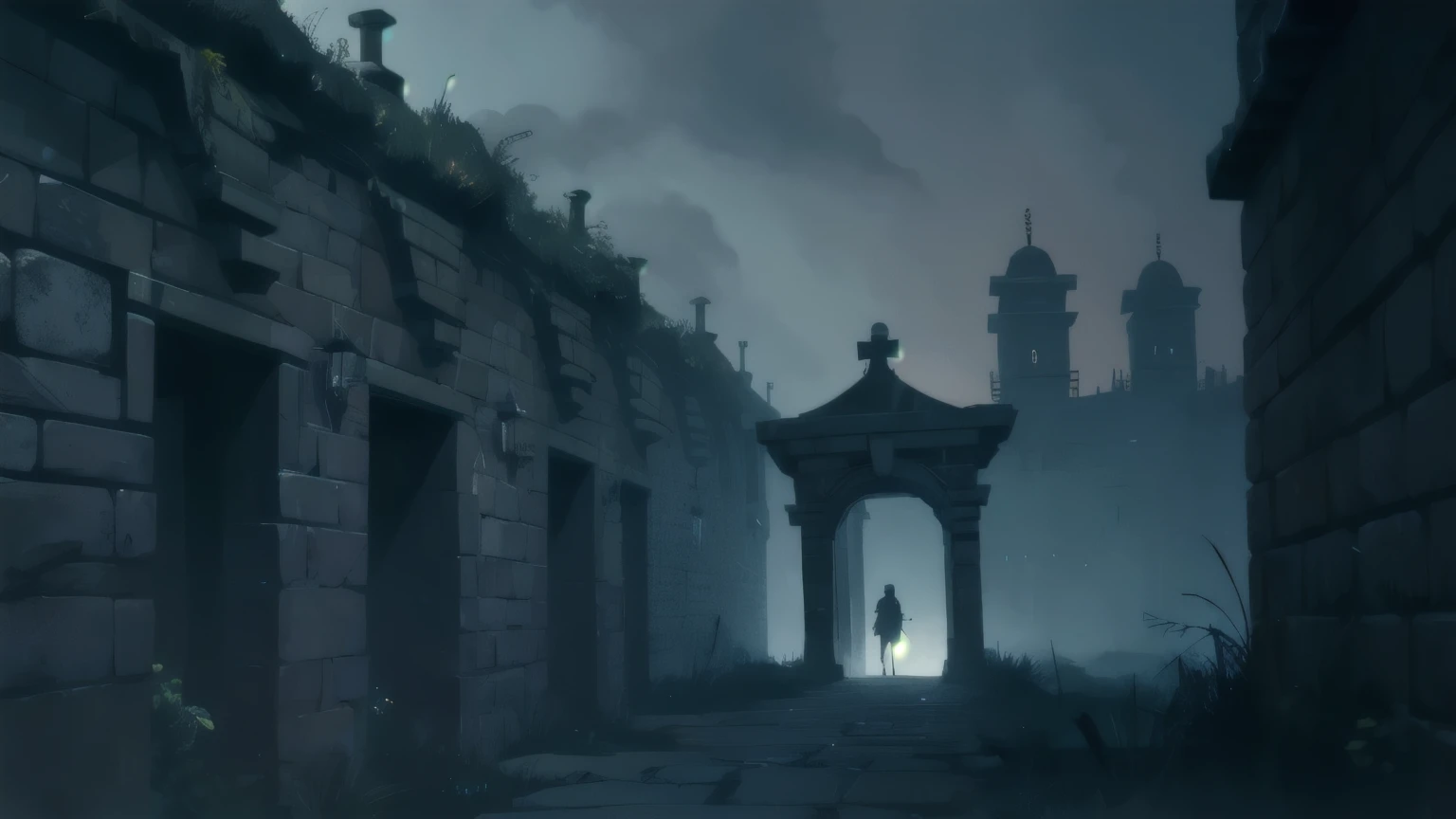 Night,  nasty atmosphere, horror, fog, corridor, stone walls