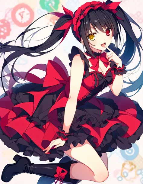  1 girl、 shoulder out、 black hair、 boots、chest、Clock Eye、Crossed String Footwear 、Sleeveless、 dress、 place your finger on your mouth 、Frillsの dress、Frills、whole body、gothic lolita、 headband、 rainbow heterochromia、 points your index finger against the backg...