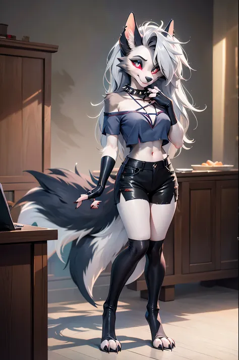 masterpiece, best quality, full body portrait of a female anthro loona hellhound, loonacroptop, detailed face, detailed eyes, (slit pupils, white eyes), red sclera, [smile, [spiked collar]], happy, fingerless gloves, shorts, digitigrade, standing


