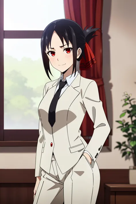 best quality, (masterpiece:1.2), detailed,
shinomiya kaguya,
1girl, solo, closed mouth, light smile,
black hair, red eyes, short hair, folded ponytail, hair ribbon,
Kaguya shinomiya, ((masterpiece, best quality)), (((extremely detailed, intricate details, ...