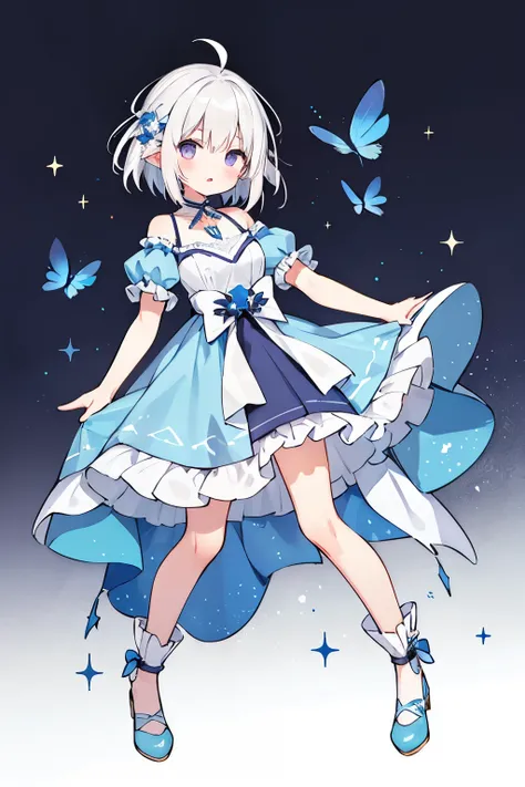 avatar of a girl , short ash white hair, violet eyes,  light blue dress with ruffles,  Masterpiece,  HIGH QUALITY, friendly,  looking at the spectator ,  full body,  hands on the waist