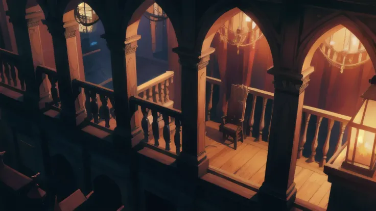 Night,  nasty atmosphere, horror, wooden throne , Balcony,  view from above 