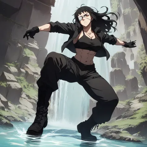 score_9, score_8_up, score_7_up,score_6_up,high resolution,source_anime,s0fiavalm3t,1girl,eyepatch,black hair,long hair,full body,black sport bra,tall leather black jacket,military trousers,black boots,,gloves,,fighting pose,in wood and water,