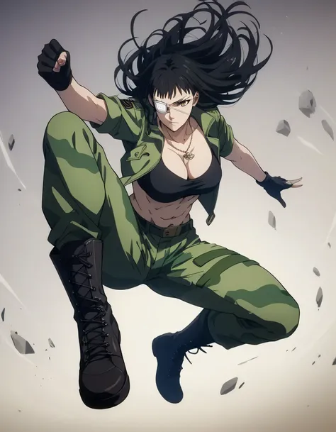 score_9, score_8_up, score_7_up,score_6_up,high resolution,source_anime,s0fiavalm3t,1girl,eyepatch,black hair,long hair,full body,dynamic pose,,pov,suspended in air, black sport bra, leather green jacket,military  brown Camouflage trousers,black boots,mili...