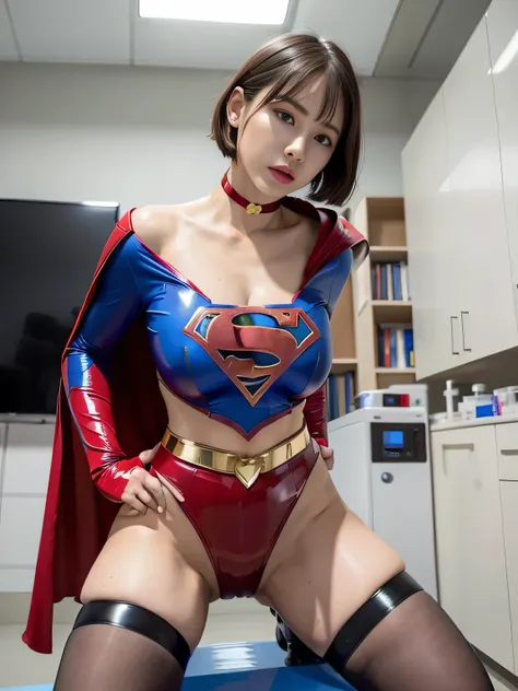 masterpiece、 latex supergirl costume 、 off shoulder 、Ultra short hair、 Big and Rich Breasts 、 shiny sweaty skin 、Look directly into the camera、 choker 、Provocative cleavage、 Long Sleeve 、Cape、Glamorous bare legs、 in front of laboratory equipment in hospita...