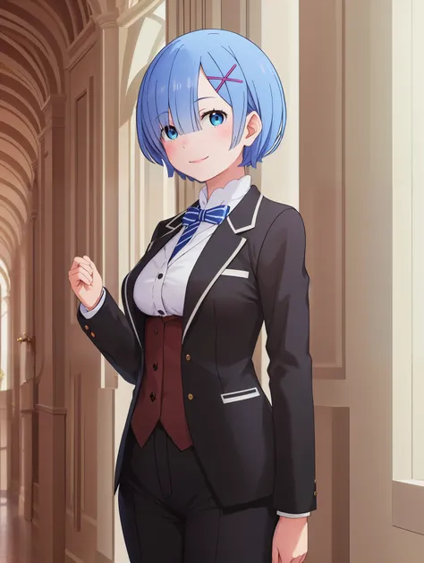 best quality, masterpiece, phRem, 1girl, solo, woman in formal attractive suit tuxedo standing in a large alcove in the room, 1girl, solo, necktie, blue short hair, blue eyes, short hair, smile, jacket, looking at viewer, shirt, pants, blue necktie, collar...