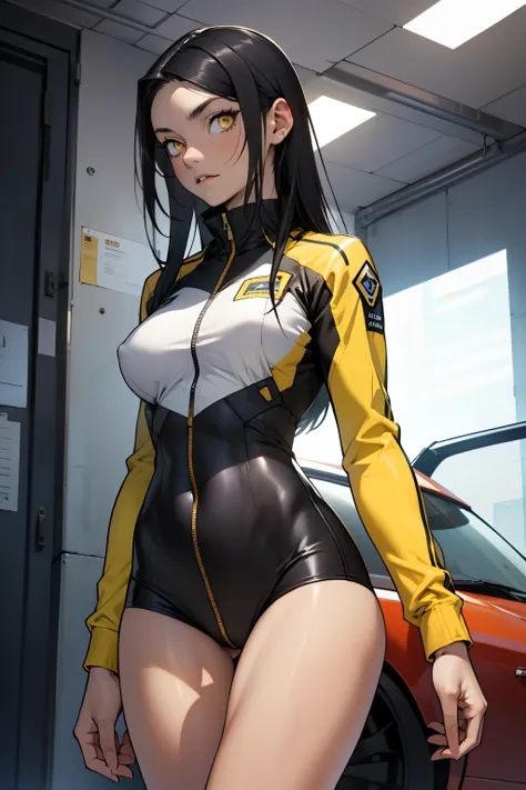 1 girl, black hair, yellow eyes, very long hair, pale skin, fit body, slender body, slim waist, large breasts, (confident expression), pilot suit, thigh gap, bare thighs, show bare legs