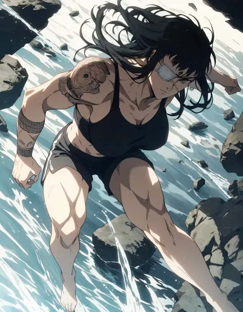 score_9, score_8_up, score_7_up,score_6_up,high resolution,source_anime,s0fiavalm3t,1girl,eyepatch,black hair,long hair,,water,rocks,volumetric lighting,rim lighting,dof,dramatic shadow,full body,dynamic pose,looking at viewer,pov,suspended in air, tattoos...