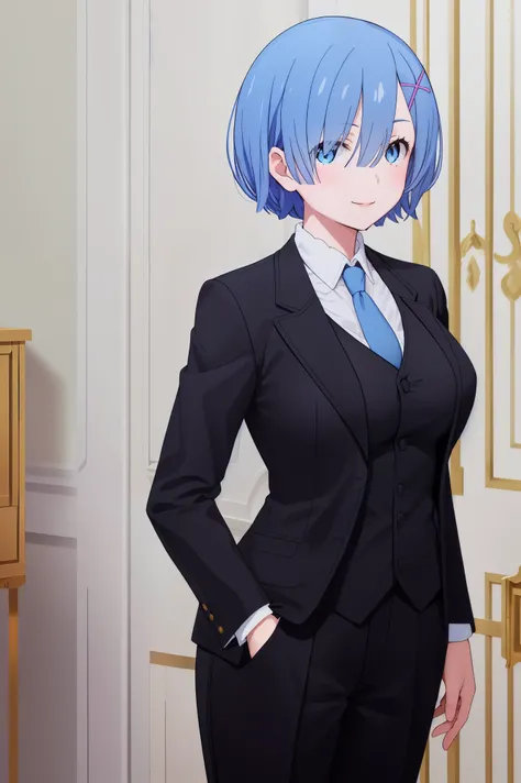 best quality, masterpiece, phRem, 1girl, solo, woman in formal attractive suit tuxedo standing in a large alcove in the room, 1girl, solo, necktie, blue short hair, blue eyes, short hair, smile, jacket, looking at viewer, shirt, pants, blue necktie, collar...