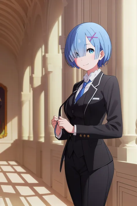 best quality, masterpiece, phRem, 1girl, solo, woman in formal attractive suit tuxedo standing in a large alcove in the room, 1girl, solo, necktie, blue short hair, blue eyes, short hair, smile, jacket, looking at viewer, shirt, pants, blue necktie, collar...