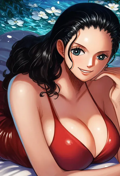 score_9, score_8_up, score_7_up, score_6_up, score_5_up, score_4_up,laying on her stomach,smile,long tight red dress,detailed,in night garden, cleavage medium breast, n1k0r0b1nps, black hair, 1girl, solo, long hair, hair slicked back, Shining  breasts, ani...