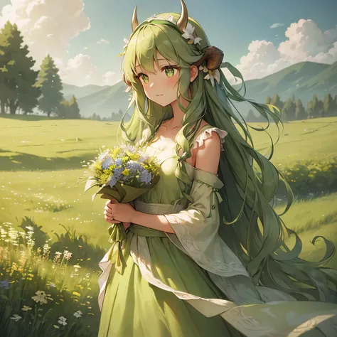 A gentle girl with long wavy green hair, wearing a flowing green dress, adorned with a headband featuring small bull horns, holding a bouquet of wildflowers, standing in a lush green meadow, peaceful expression, soft lighting, high detail, photorealistic