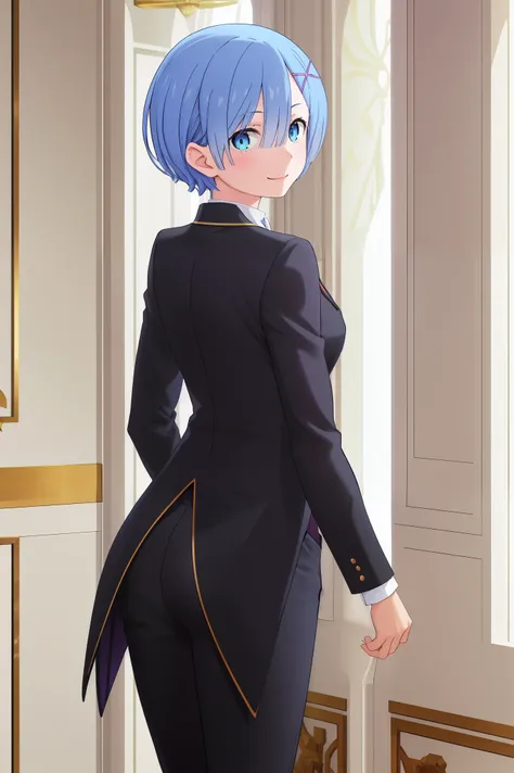 best quality, masterpiece, phRem, 1girl, solo, woman in formal attractive suit tuxedo standing in a large alcove in the room, 1girl, solo, necktie, blue short hair, blue eyes, short hair, smile, jacket, looking at viewer, shirt, pants, blue necktie, collar...