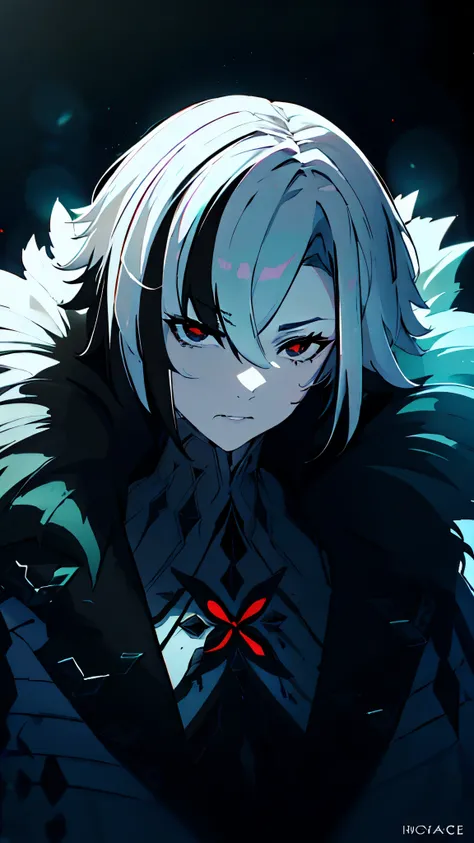 short hair, ((white hair:1.3)), black hair, (multicolored hair:1.3), x-shaped pupils, black eyes, muscular female, anatomically correct, best quality, masterpiece, high quality, high details, highres, HD, (shaded face:1.2), hollow eyes, looking at viewer, ...